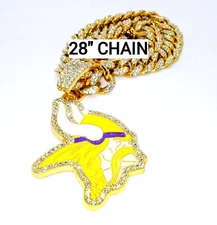MINNESOTA VIKINGS GEM NECKLACE Gold Bling Football Hip Hop Pendant & 28" Chain