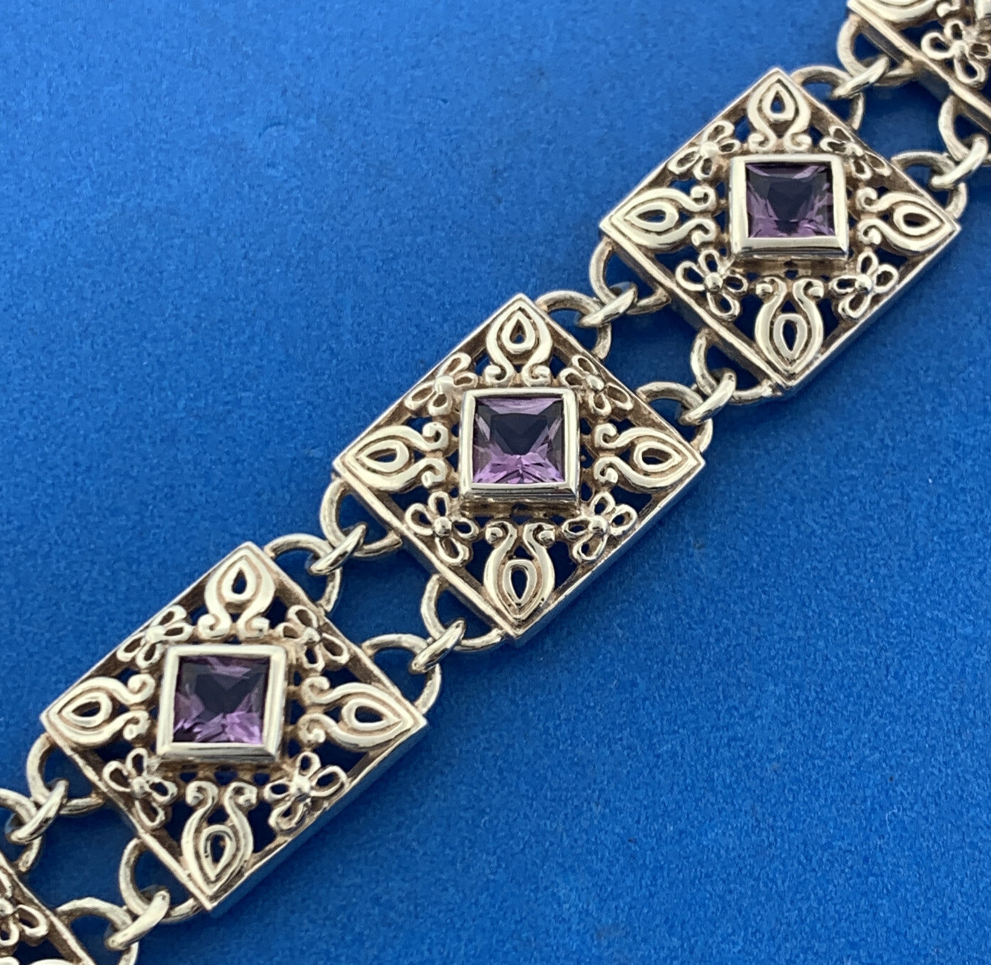 Designer Sterling Silver Square Amethyst Open Scroll Statement Tennis
