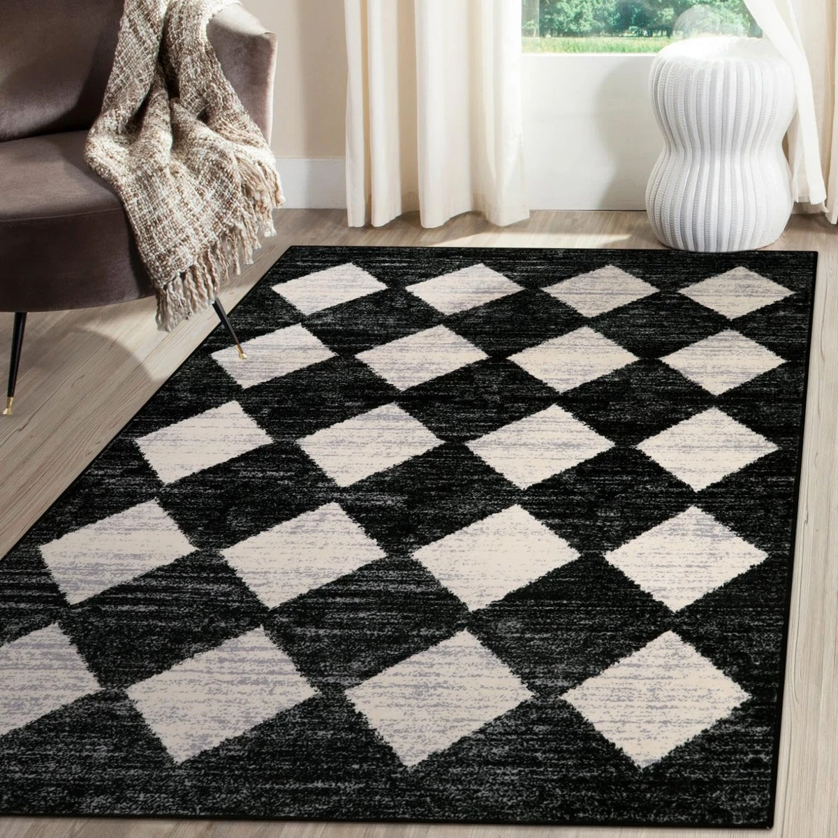 Moroccan Trellis Area Rug - 3X5 Washable Black Entry Rug Non Slip Living  Room Ma