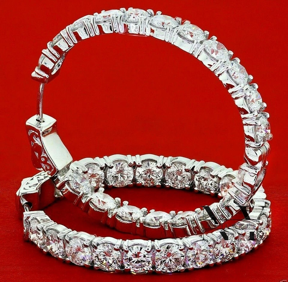 Pendientes de aro moissanita interior exterior oro blanco macizo 14K corte redondo de 3 quilates Foto 3 de 4