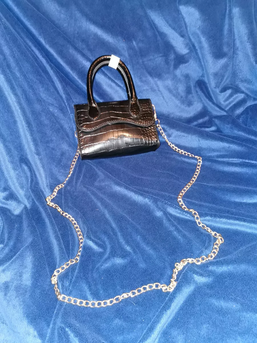 Black Croc Printed Gold Chains Shoulder Bags