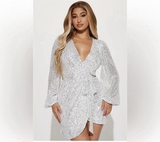 NWT Fashion Nova Liliana Sequin Wrap Mini Dress Silver Long Sleeves