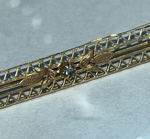 Antique 14K Yellow Gold Filigree Bar Brooch Pin 2.2 in. 2 Grams Light Blue Stone