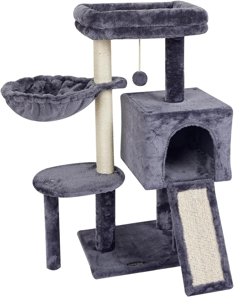 Stylish Smoky Grey Cat Tree with Hammock & Scratching Posts for Indoor Cats - Image 3 of 4