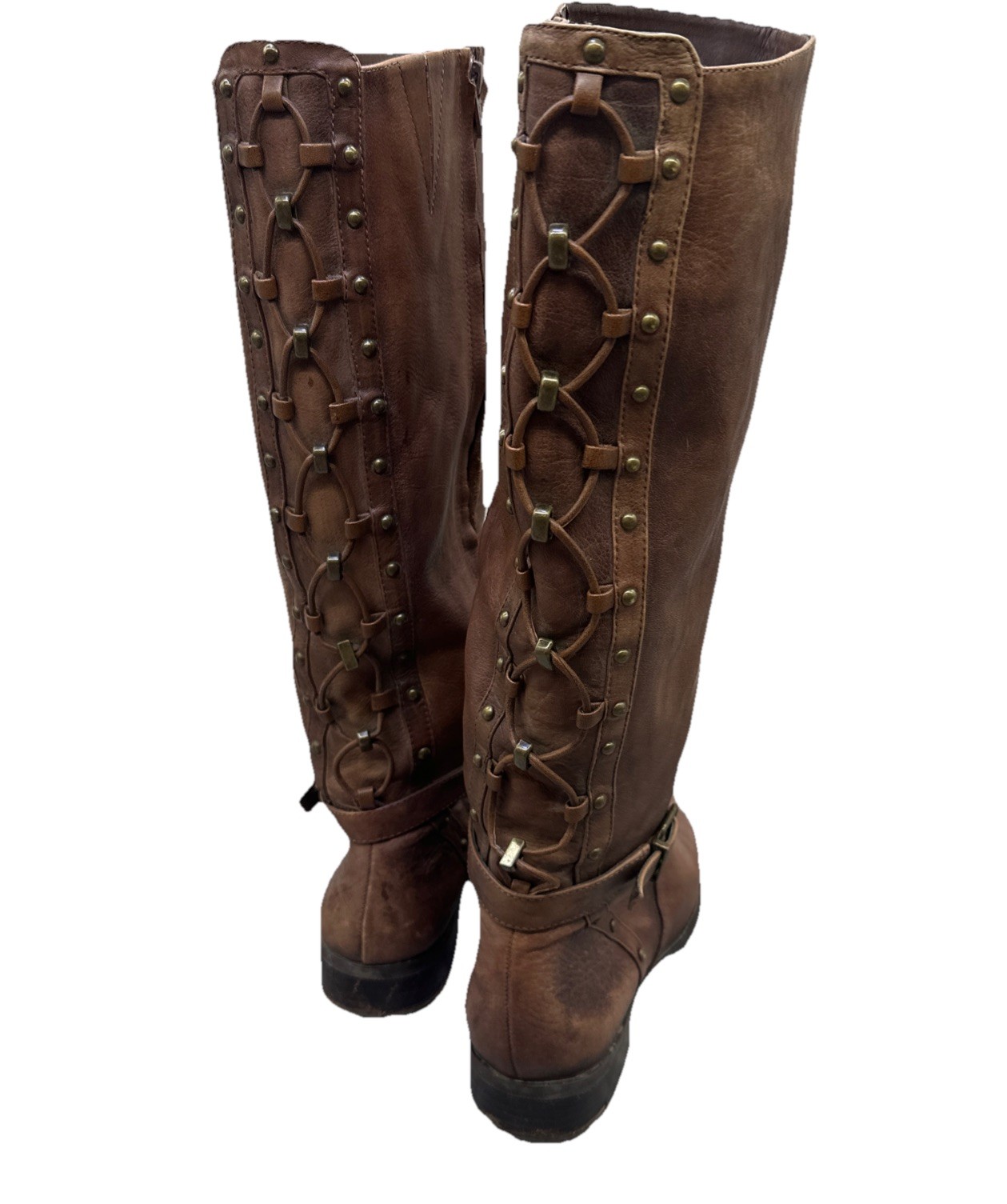 Gianni Bini Steampunk Boots Size 9M Mid Calf  Low Heel Brown Leather Wrap Strap