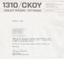 QSL 1981 : Radio adulte CFOY, Ottawa, Ontario, Canada