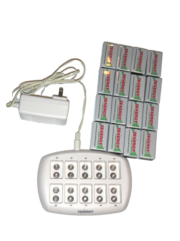 Tenergy 9V 10-Bay Charger + 16 Centura Low Self Discharge NiMH Batteries Used