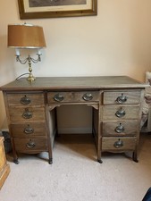 Vintage Green leather topped Wooden Desk with Wheels and 9 Drawers