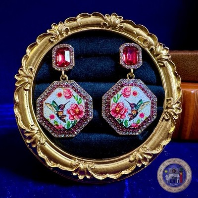 Vintage Hummingbird Floral Drop Earrings Red Rhinestone Accent 925 Silver Posts