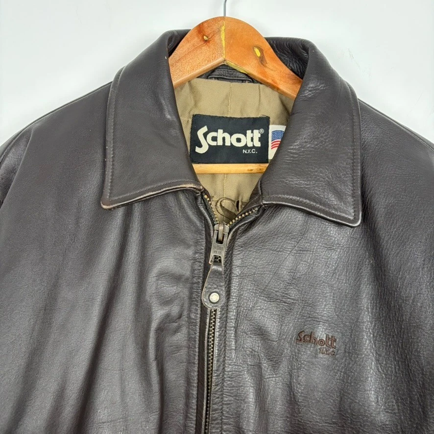 Chaqueta de cuero para hombre Schott NYC motociclista bombardero vuelo motocicleta marrón grande