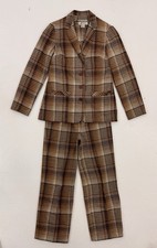 VTG Women XS 3 Pc Pant Suit Blazer Pant Vest Brown Plaid Tweed Mod MCM Union USA