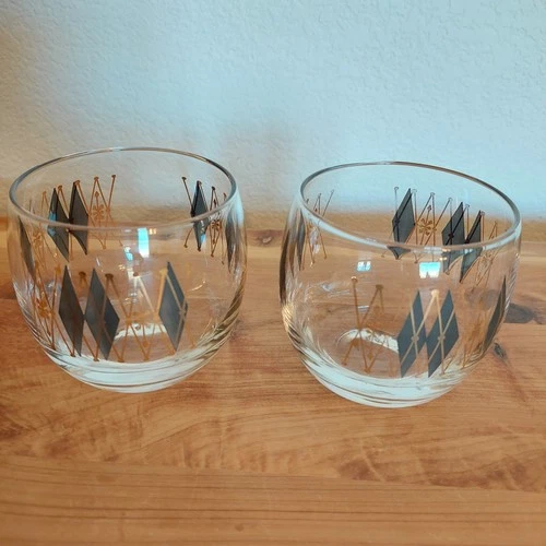 Vtg Federal Glass MCM Gold Gray Black Harlequin Roly Poly Atomic Set 2 Barware