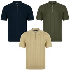 Men's Knitted Polo Shirt Zip Collar Premium Stripe Knit Cotton T-Shirt Top Smart
