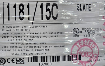 Alpha Wire 1181/15C 22/15C Premium Communication/Control Cable 300V Gray /10ft