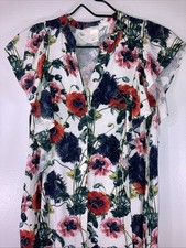 H&M Womens 2 Red Green Floral Button Up Dress Midi Lightweight