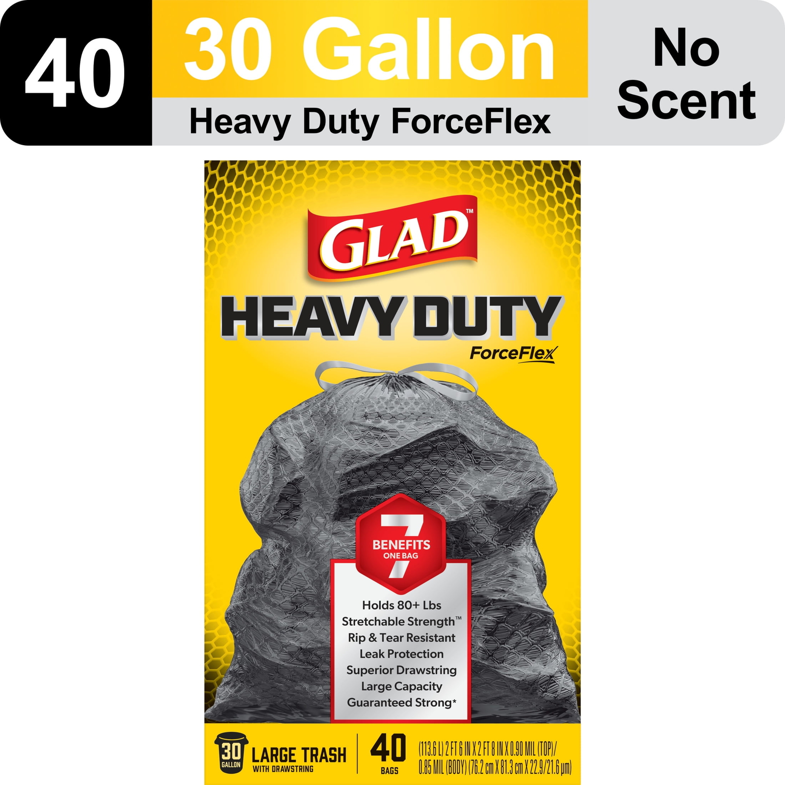 Bolsas de basura grandes Glad ForceFlex de 30 galones, sin perfume, 40 bolsas