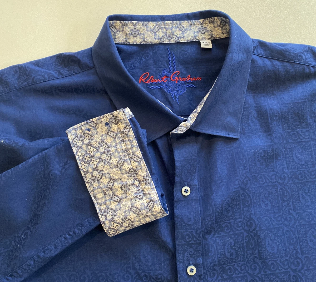 ROBERT GRAHAM shirt LG blue contrast cuffs abstract design men's