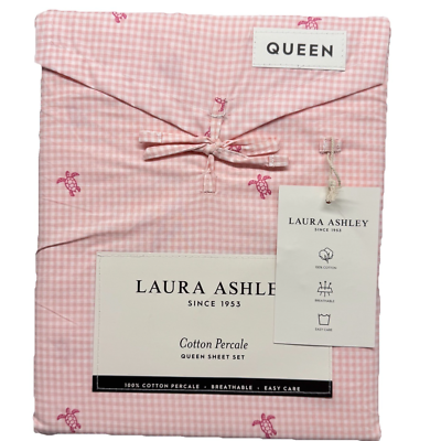 4pc Laura Ashley Pink Sea Turtle Gingham QUEEN Sheet Set Beach