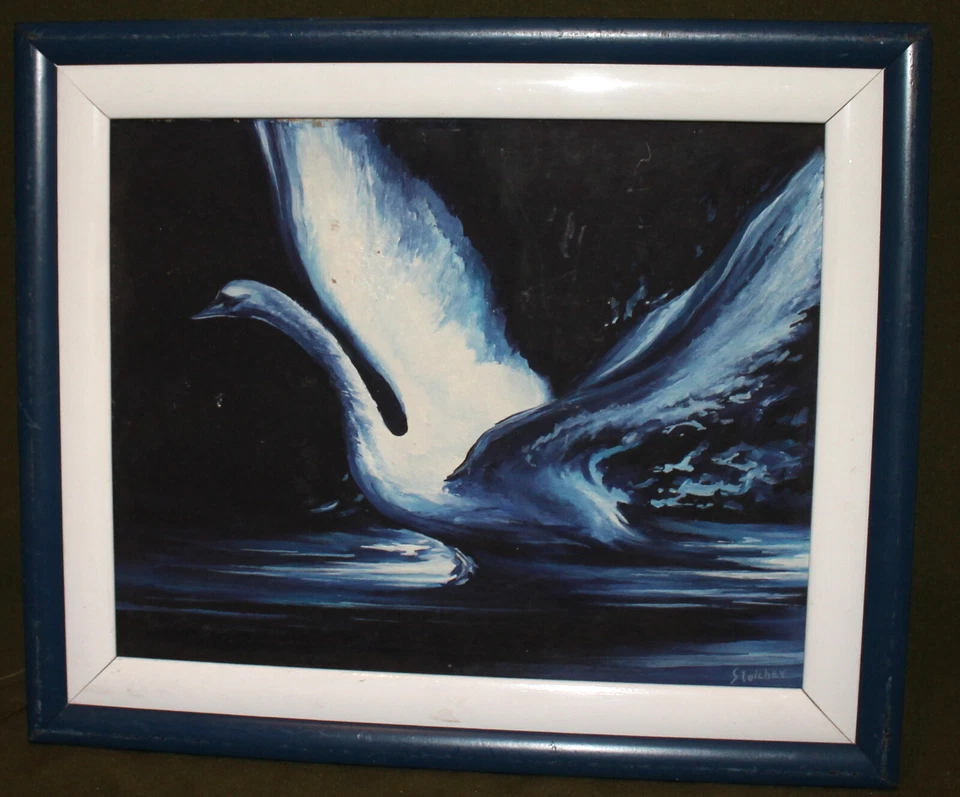 VINTAGE MODERNIST OIL PAINTING SWAN SIGNED - image 4 of 4