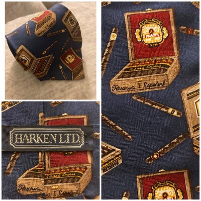 Harken LTD Men s Novelty Tie Necktie Cigar Box Cigar Aficionado Blue All Silk
