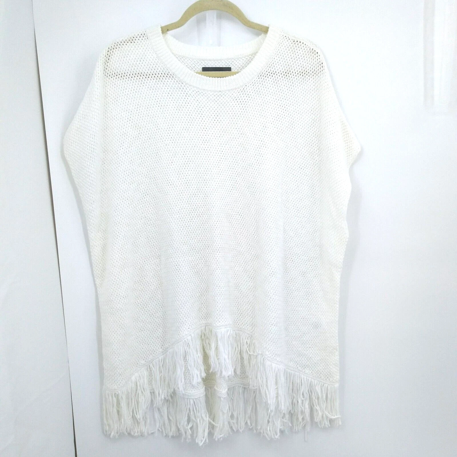 Michael Stars Poncho Size Medium Large with Arm Holes White Loose Knit Fringed