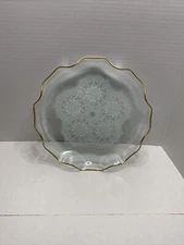 Vintage Crystal Clear Lace Pattern Gold Ruffle Rimmed Serving Dish. Beautiful!