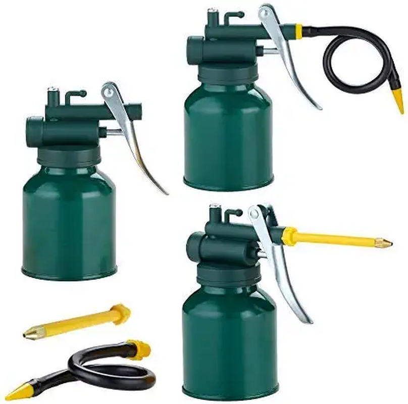 Hexin Metal Oil Can, Green Pistol Oiler Can Pump Oiler with 2 Spouts Straight & 