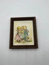Nice Vintage Art Framed Print Picture-Boy & Girl Children Playing 4.5x5.5"