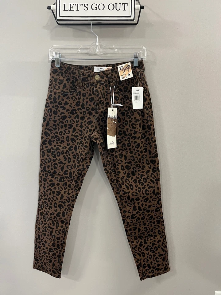 Pantalones Royalty for Me para mujer tiro medio tobillo marrón leopardo, talla 6 x 27 entrepierna
