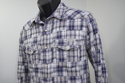 Lucky Brand Patched Plaid Pearl Snaps Western Shirt Long Sleeve Mens Size Medium