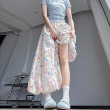 Lady Floral Bloomer Pants Puffy Culottes High Waist Cropped Wide Leg Trouser New