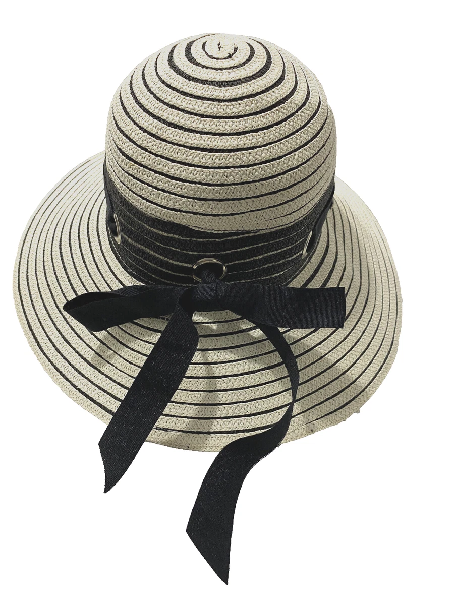 Betmar BNWT Black and White Polka Dot straw hat Woman Polka Dot Ribbon Bow Sun Hat Beach Hat Flat Top Cap  main image 2