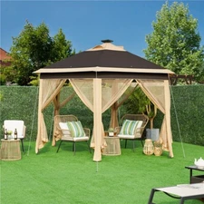 Outdoor Pop-Up Canopy W/Sides & 25 Solar LED Lights & Storage Bag, Khaki & Brown