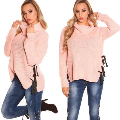 oversize Pullover Kuschelrolli Damen Rollkragenpullover mit Schleifen Rosa 42 44