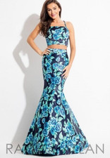 Rachel Allan 7587 Blue Floral 2 Piece Maxi Mermaid Gown Prom Formal Dress Size 4