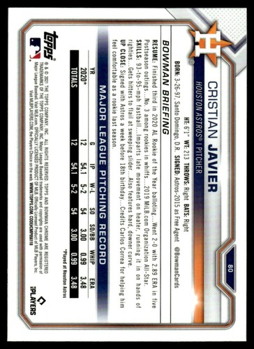 2021 Bowman Chrome SHAPHIRE Cristian Javier Rookie Houston Astros #80 - Picture 2 of 2