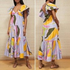 NWT La Ligne Stella Tiered Ruffle Cotton Midi Dress Lavender Swirl Size Medium