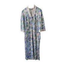 VTG MISS ELAINE Blue Floral ROBE Housecoat Dress Snap Front Terry Collar Med Lrg
