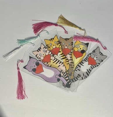 Kitty Bookmarks Colorpencil Set of 6 in Plastic Sleeves and Tassels