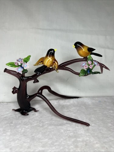 Vintage Murano Blown Art Glass Love Birds on Branch Figurine