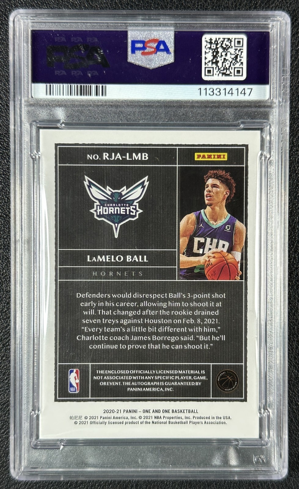 LAMELO BALL PSA 10 2020-21 PANINI ONE AND ONE ROOKIE PATCH AUTO BLUE RC 25/49 view 2