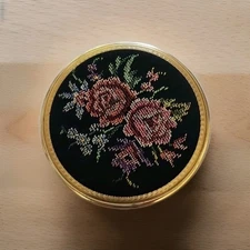 Vintage Powder Case with Mirror, Gold Case, with Embroidered Roses, Flowers