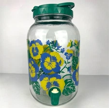 Vintage Pansy Flower Flip Top Glass Jar Sun Tea Lemonade Pitcher Jug A-4128