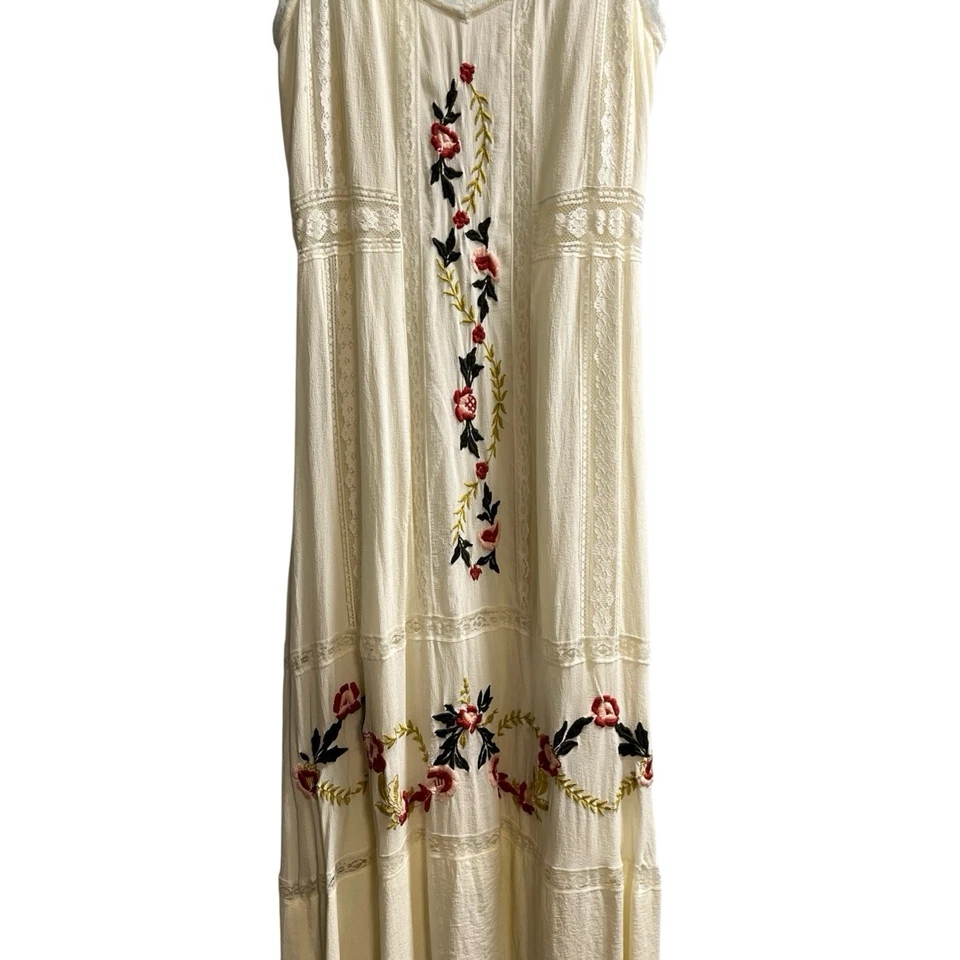 Платье Nanette Lepore S цвета слоновой кости многоярусное макси прозрачное кружевное с цветочной вышивкой богемное - Изображение 2 из 4