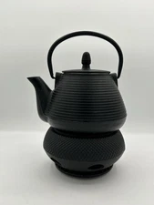 Japanese Tetsubin Black Cast Iron 24oz Teapot & Warmer 5pc Set Textured Finish