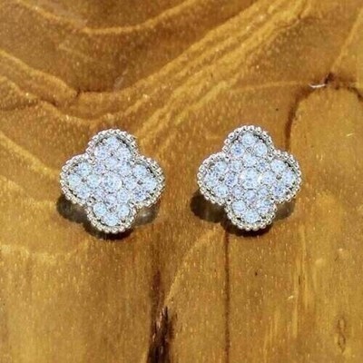 Stud Clover Earring's 2 CT Round Cut Simulated Diamond 14K White Gold Plated