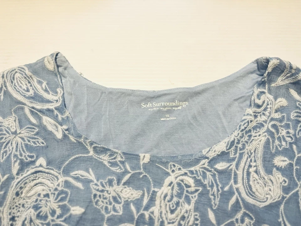 Soft Surroundings Womens Floral Lace Silk Top Sz Xl Blue Long Sleeve Asymmetric - Image 3 of 4