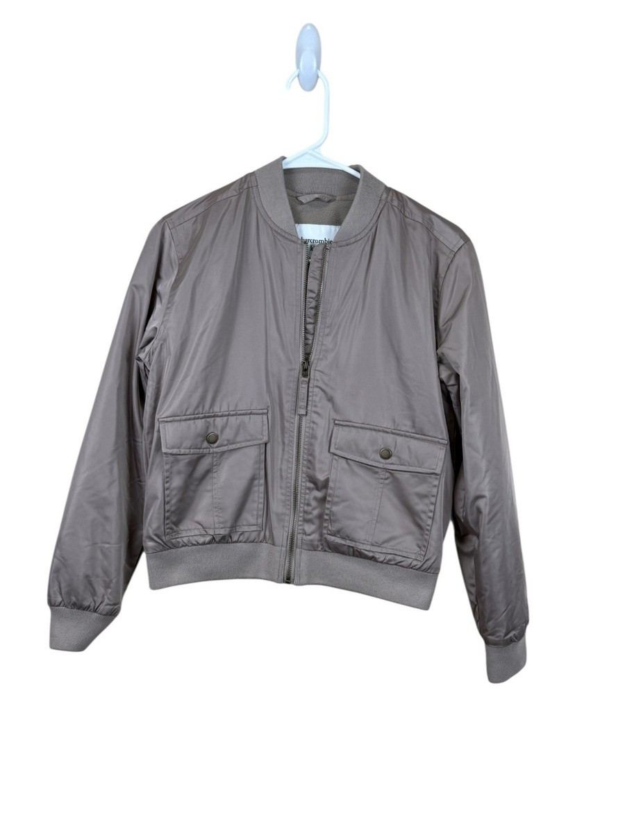 ABERCROMBIE FITCH KIDS Taupe Satin Bomber Jacket Fleece Lined Size 13/14
