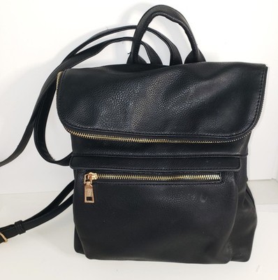Vintage Isabelle Black Leather Fold-Over Backpack Gold Zippers