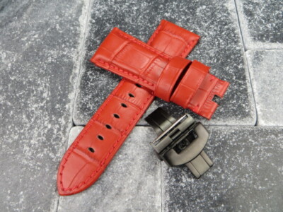 New 24mm Red Grain Leather Strap PVD Watch Band Buckle Set PANERAI Red